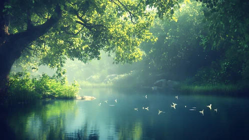 Sunlit forest pond with gentle birds and soft green glow.
