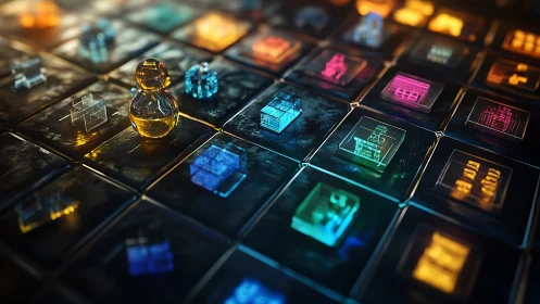 Glass pawn navigates glowing data grid of holographic cubes
