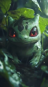 Small green creature in rain-soaked forest setting.