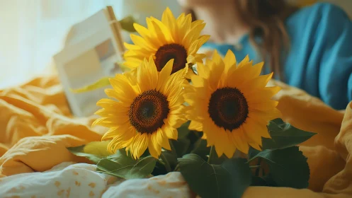 Three sunflowers with brown seed centers rest on yellow fabric