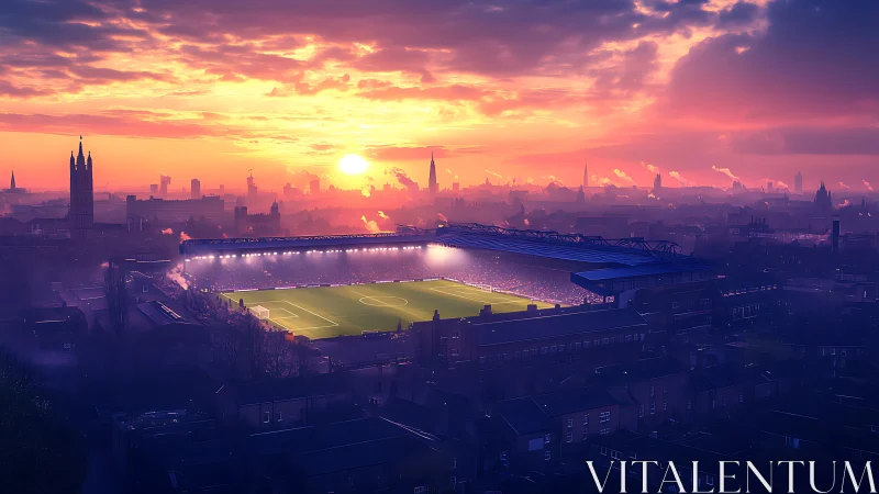 Sunlit city football stadium under vivid evening sky.