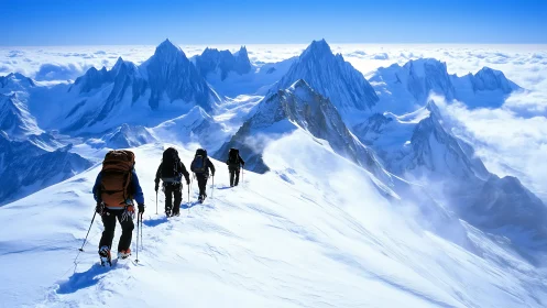 Summit nomads threading a bright ridge above cloud oceans.