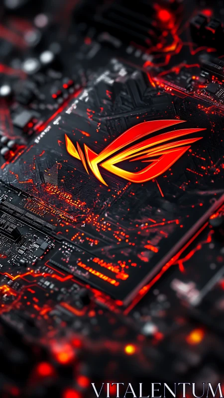 High-contrast gaming PCB with illuminated red circuitry emblem.