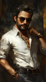 Bearded man in sunglasses with gold accessories in profile.