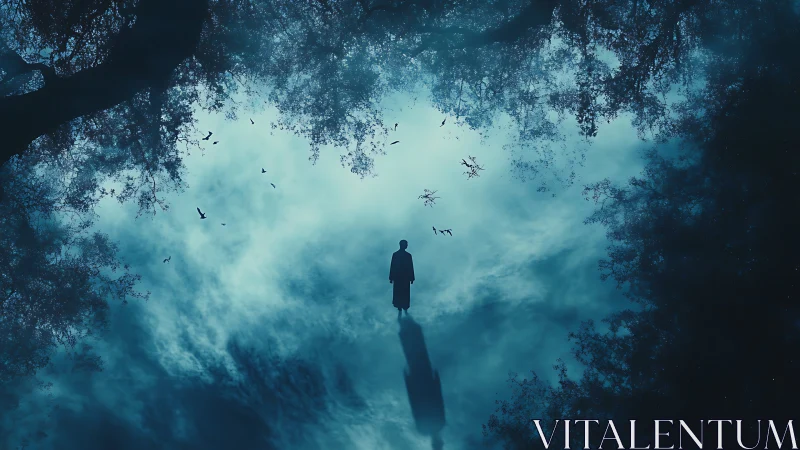 Solitary silhouetted figure in misted forest clearing at dusk