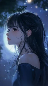 Soft moonlit girl gazing at a starry night sky in wonder.