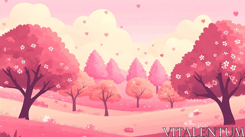 Romantic stylized pink orchard with flowering heart motif