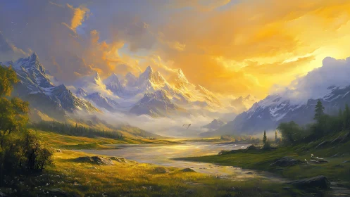 Sunlit alpine valley with glowing snowcapped peaks