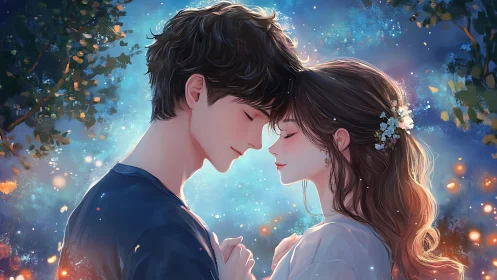 Starlit lovers embracing in softly glowing forest night.