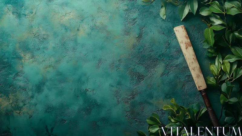 Vintage cricket bat rests beside lush green leaves.