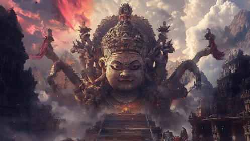 Colossal multi-armed deity dominates a smoky mythic canyon