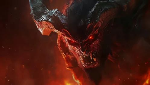Horned demonic creature head emerging from fiery darkness.