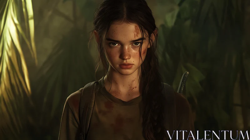 Battle-worn adolescent tracker in dense jungle light field.