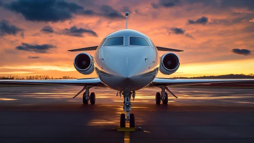 Corporate jet nose-on view at dusk on wet tarmac apron