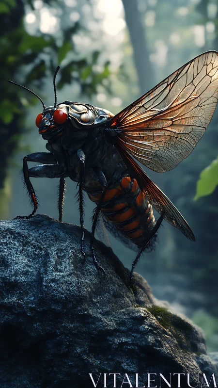 Macro cicada study with translucent wings on moss rock.