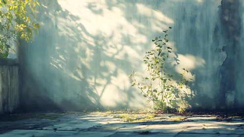 Quiet courtyard wall where sunlight and weeds linger softly.