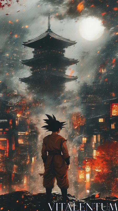 Moonlit warrior gazes over stormy neon temple cityscape.