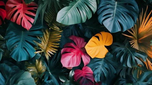 Colorful tropical leaves glowing in a dreamy jungle hideaway.