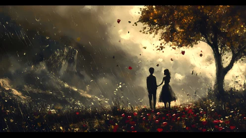 Two Silhouetted Figures in Atmospheric Landscape Setting.