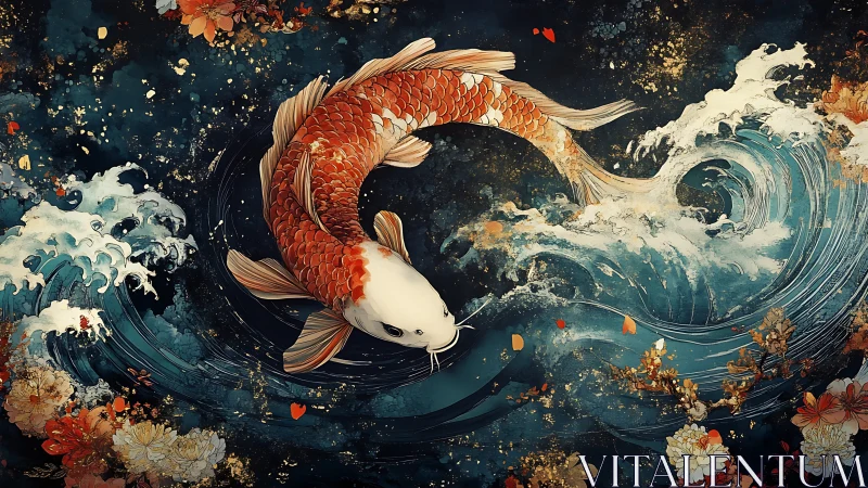 Koi fish arcs through foaming waves in ornate night sea.