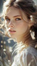Shallow-depth portrait in backlit meadow with freckled subject.