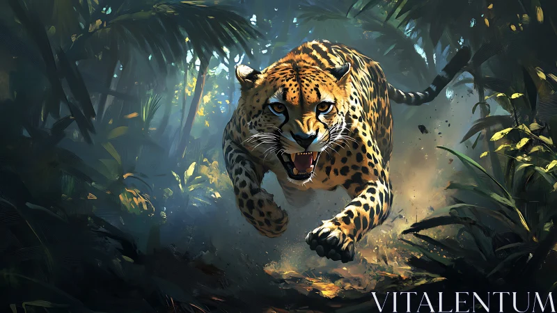 Jungle Predator's Luminous Charge Through Filtered Canopy.