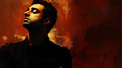 Moody male portrait against vivid textured orange field.