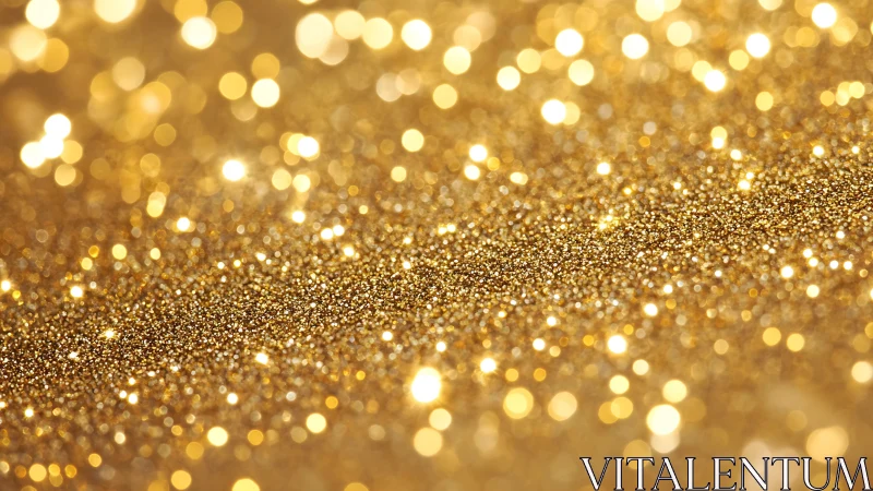 Photorealistic macro field of golden glitter bokeh surface.