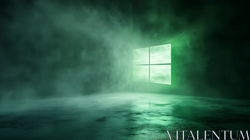 Luminous window icon glows in green fog over reflective floor