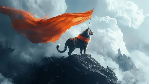 Heroic tiger standard-bearer on stormy crag with orange banner