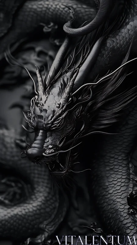 Monochrome high-detail serpentine dragon with sculpted scales