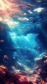 Sunlit coral reef cavern rendered in vivid digital realism