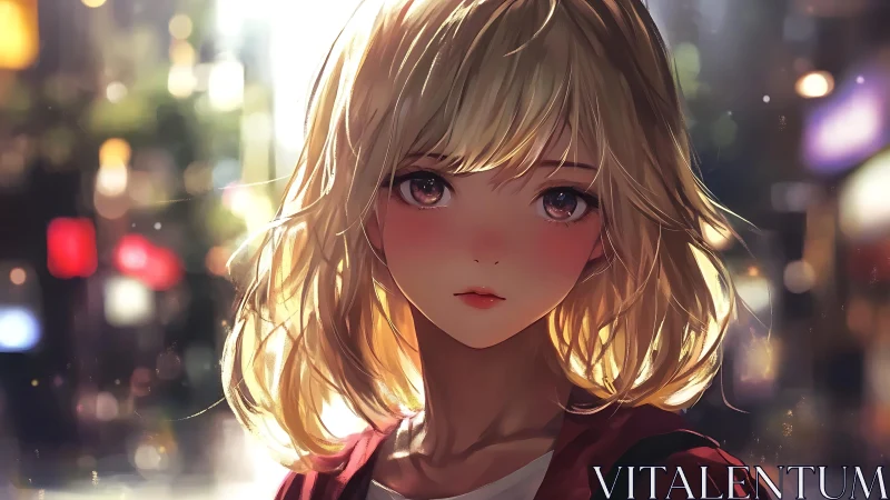 Blonde anime girl under neon night lights, soft bokeh glow.