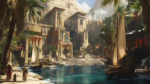 Sunlit river kingdom before sandstone temple towers awakens.