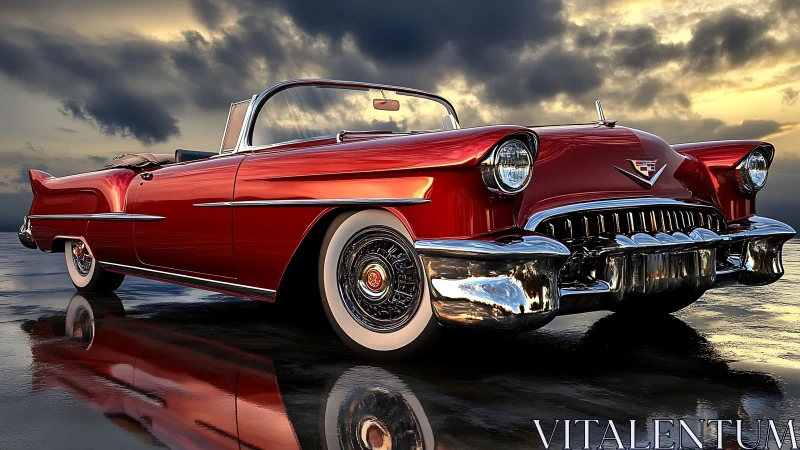 Gleaming red classic convertible glowing under sunset clouds.