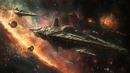 Star-cruiser armada drifts along a molten galactic rift