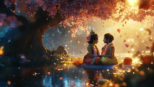 Two figures in water beneath flowering tree with particle effects.