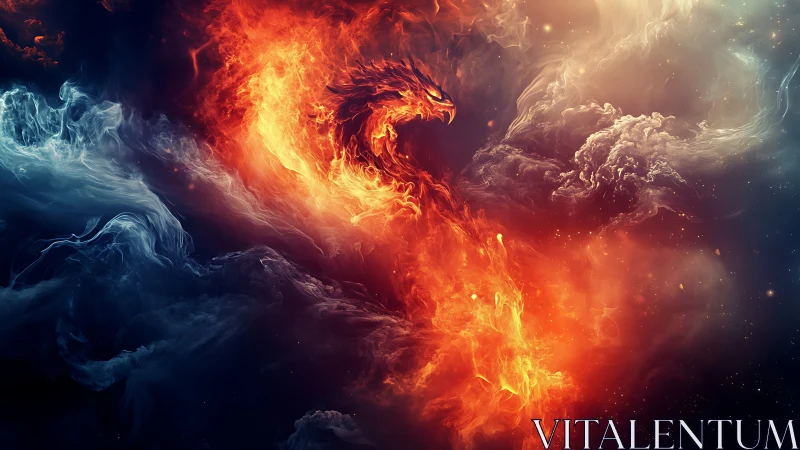 Thermodynamic fire-dragon vortex amid nebular turbulence.