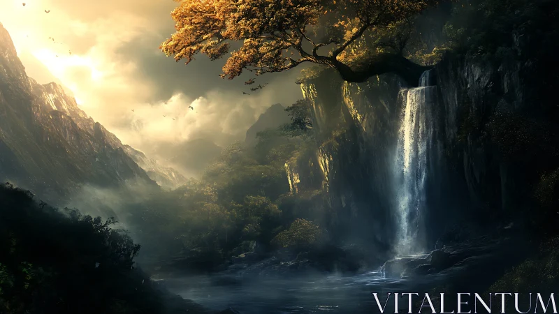 Mountain gorge waterfall with overhanging tree at dusk.