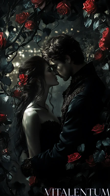 Two souls entangled within velvet darkness and crimson blooms