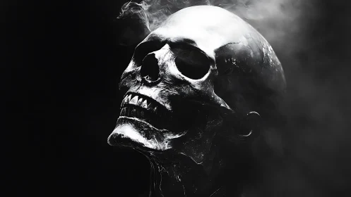 Smoking chrome skull emerges from darkness in harsh contrast.
