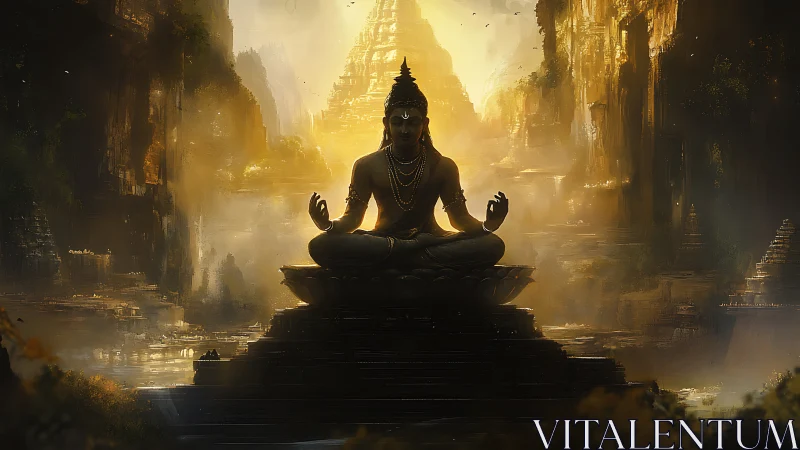 Serene deity statue in misty golden canyon temple landscape.