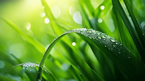 Morning dew glistens on vivid green grass blades in sunlight.