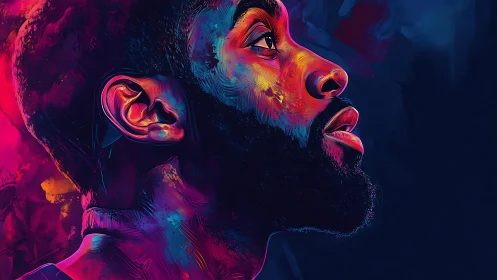 Profile portrait of male subject in neon digital colors.