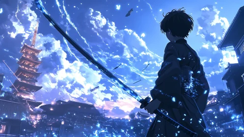 Samurai observes stormlit sky over neon-lit pagoda city