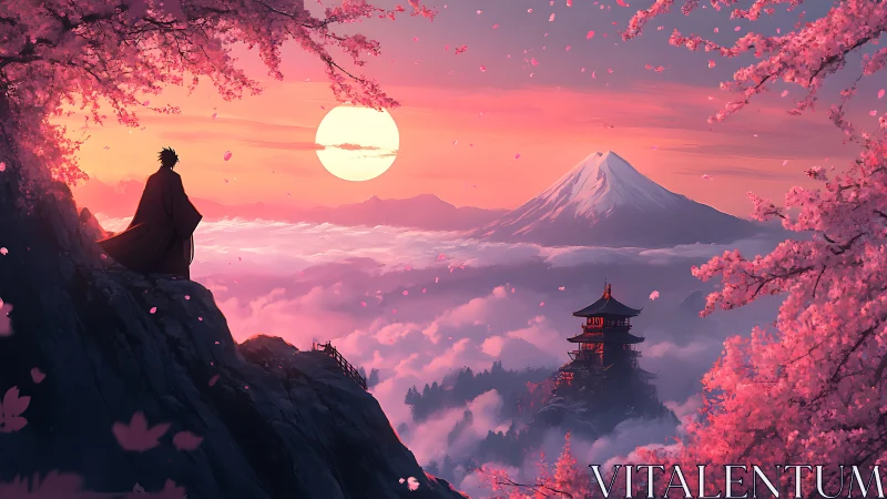 Gentle sunset over cherry blossoms, temple, and distant mountain.