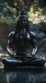 Meditative black statue of serene yogic figure by water.