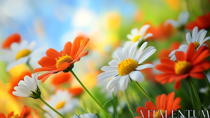 Sunlit Garden Daisies Blooming in Gentle Breeze.