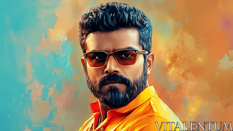 Bold portrait in warm oranges and cool teal glow.