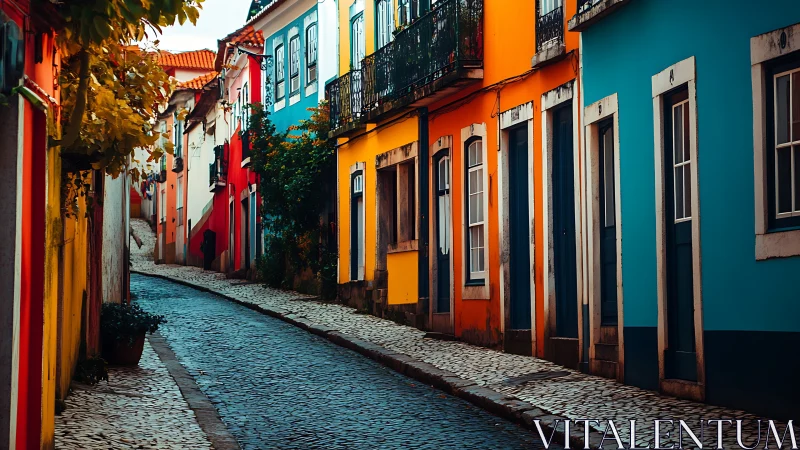 Narrow cobblestone street with colorful residential facades.